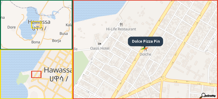 Map showing the address of Dolce Pizza Pin in three different zoom levels.