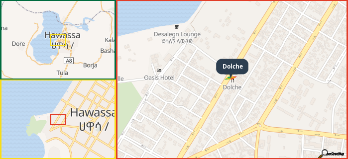 Map showing the address of Dolche in three different zoom levels.