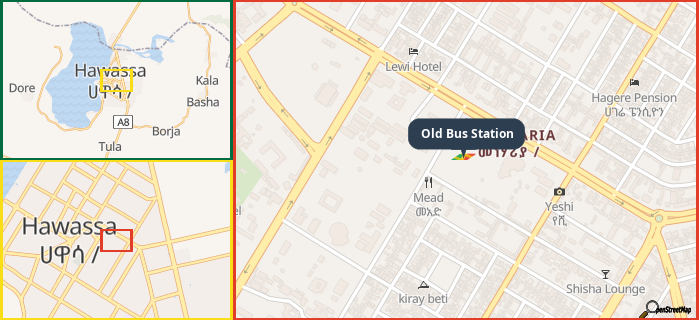 Map showing the address of Old Bus Station in three different zoom levels.