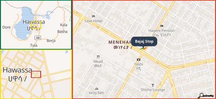 Map showing the address of Bajaj Stop in three different zoom levels.