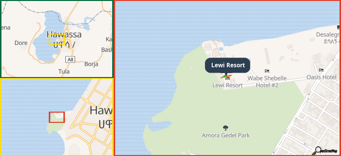 Map showing the address of Lewi Resort in three different zoom levels.