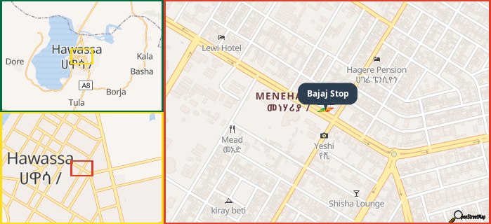 Map showing the address of Bajaj Stop in three different zoom levels.