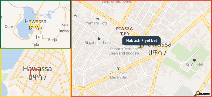 Map showing the address of Habtish Fiyel bet in three different zoom levels.