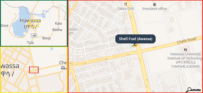 Map showing the address of Shell Fuel (Awassa) in three different zoom levels.