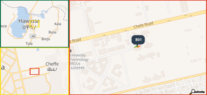 Map showing the address of B01 in three different zoom levels.