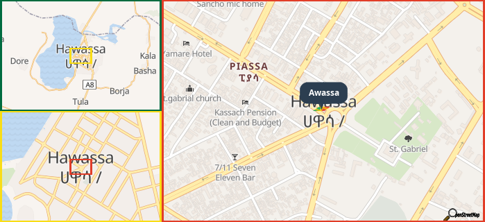 Map showing the address of Awassa in three different zoom levels.