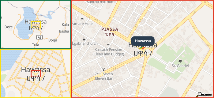 Map showing the address of Hawassa in three different zoom levels.