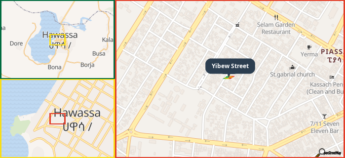 Map showing the address of Yibew Street in three different zoom levels.