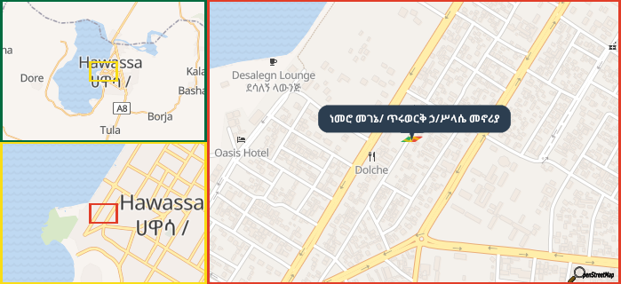 Map showing the address of ነመሮ መገኔ/ ጥሩወርቅ ኃ/ሥላሴ መኖሪያ in three different zoom levels.
