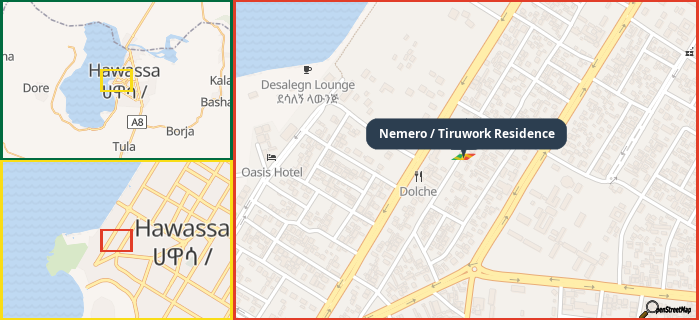 Map showing the address of Nemero / Tiruwork Residence in three different zoom levels.