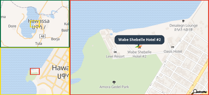 Map showing the address of Wabe Shebelle Hotel #2 in three different zoom levels.