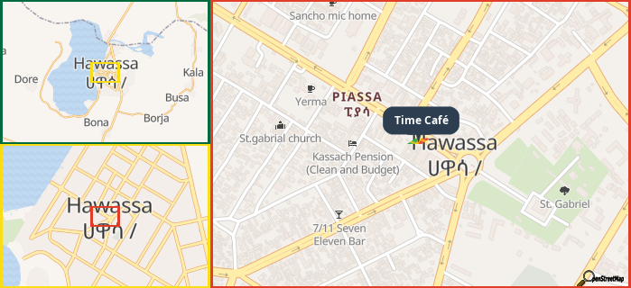 Map showing the address of Time Café in three different zoom levels.