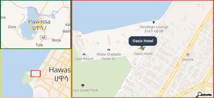 Map showing the address of Oasis Hotel in three different zoom levels.