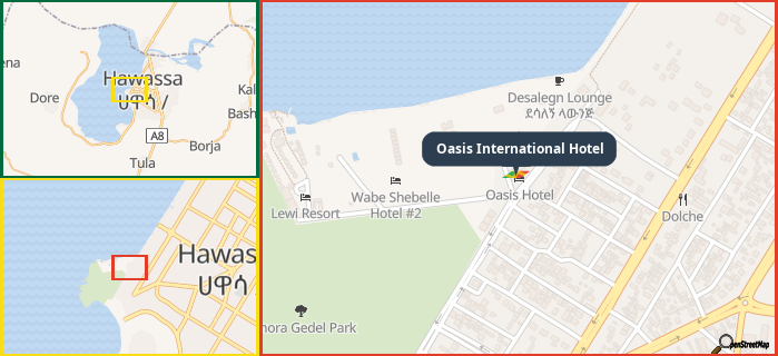 Map showing the address of Oasis International Hotel in three different zoom levels.