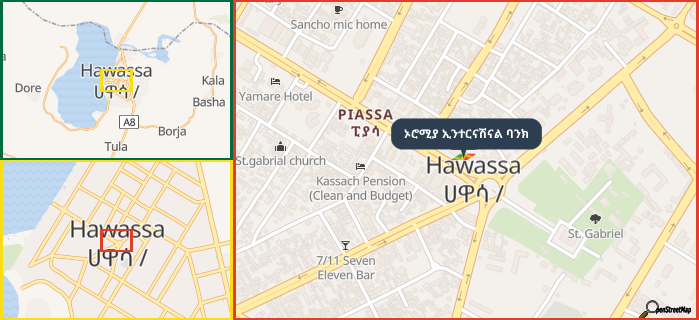 Map showing the address of ኦሮሚያ ኢንተርናሽናል ባንክ in three different zoom levels.