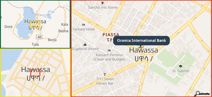 Map showing the address of Oromia International Bank in three different zoom levels.