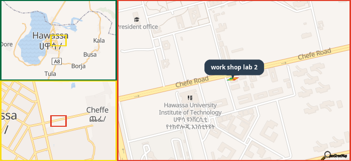 Map showing the address of work shop lab 2 in three different zoom levels.