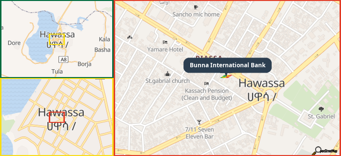 Map showing the address of Bunna International Bank in three different zoom levels.