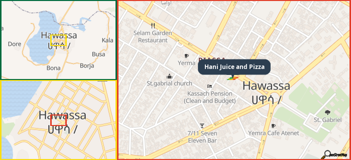 Map showing the address of Hani Juice and Pizza in three different zoom levels.