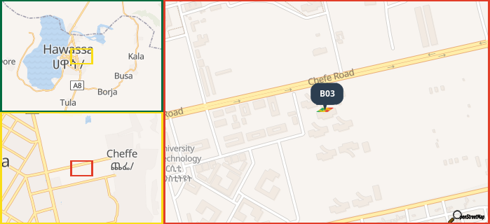 Map showing the address of B03 in three different zoom levels.