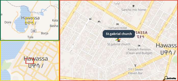 Map showing the address of St.gabrial church in three different zoom levels.