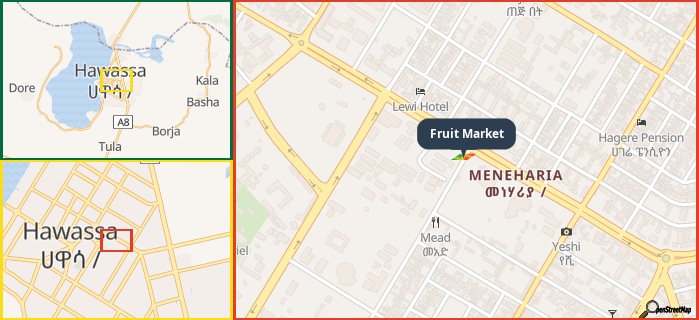 Map showing the address of Fruit Market in three different zoom levels.