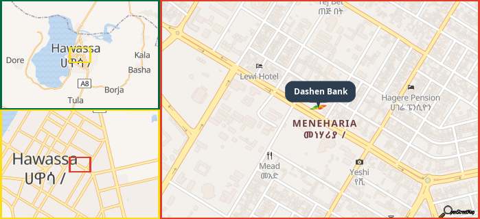Map showing the address of Dashen Bank in three different zoom levels.