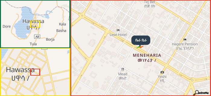 Map showing the address of ቤራ ቢራ in three different zoom levels.