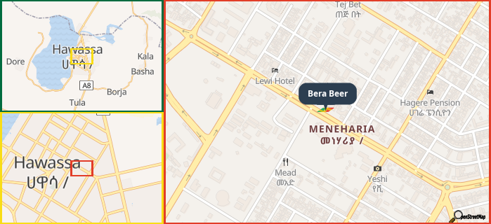 Map showing the address of Bera Beer in three different zoom levels.