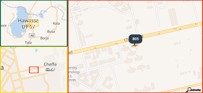 Map showing the address of B05 in three different zoom levels.