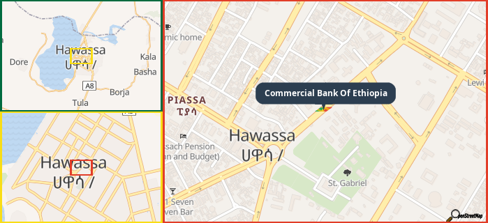 Map showing the address of Commercial Bank Of Ethiopia in three different zoom levels.