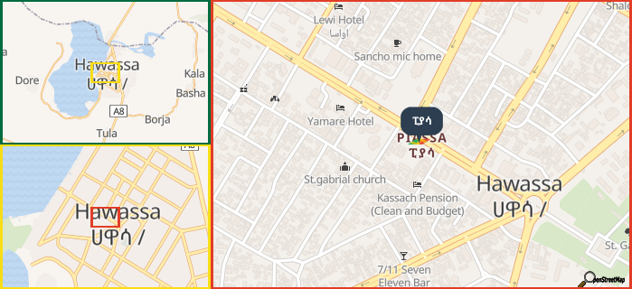 Map showing the address of ፒያሳ in three different zoom levels.