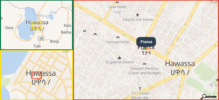 Map showing the address of Piassa in three different zoom levels.