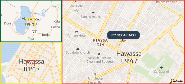 Map showing the address of ዘገየ ባርና ሬሥቶራንት in three different zoom levels.