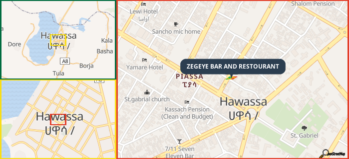 Map showing the address of ZEGEYE BAR AND RESTOURANT in three different zoom levels.