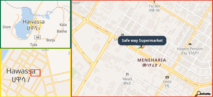 Map showing the address of Safe way Supermarket in three different zoom levels.