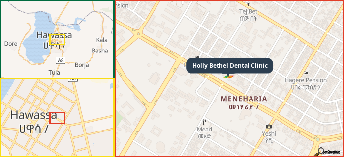 Map showing the address of Holly Bethel Dental Clinic in three different zoom levels.