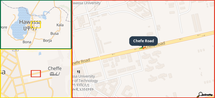 Map showing the address of Chefe Road in three different zoom levels.