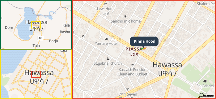 Map showing the address of Pinna Hotel in three different zoom levels.