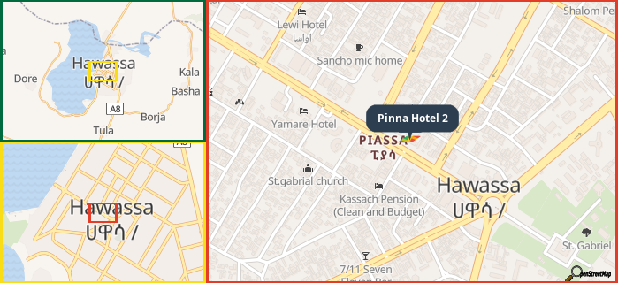 Map showing the address of Pinna Hotel 2 in three different zoom levels.