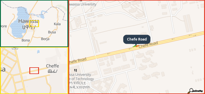 Map showing the address of Chefe Road in three different zoom levels.