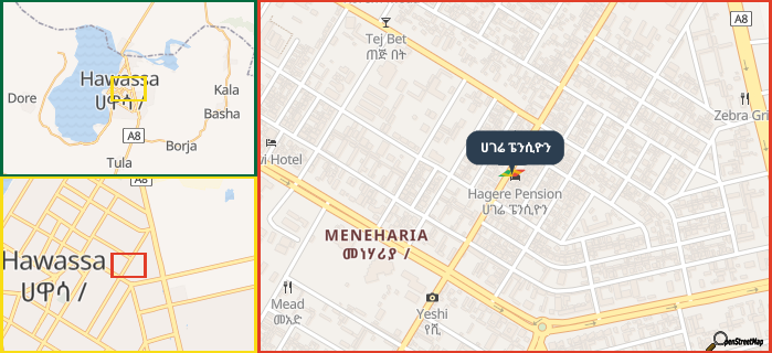 Map showing the address of ሀገሬ ፔንሲዮን in three different zoom levels.