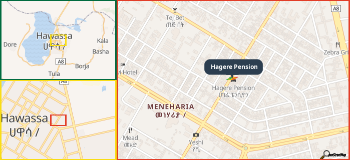 Map showing the address of Hagere Pension in three different zoom levels.