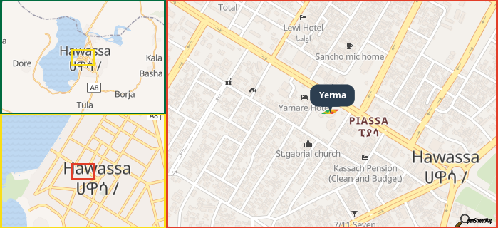 Map showing the address of Yerma in three different zoom levels.