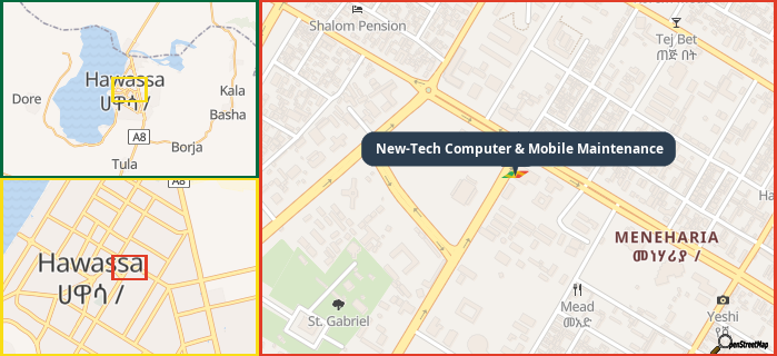 Map showing the address of New-Tech Computer & Mobile Maintenance in three different zoom levels.