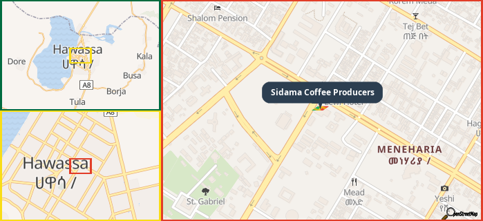 Map showing the address of Sidama Coffee Producers in three different zoom levels.