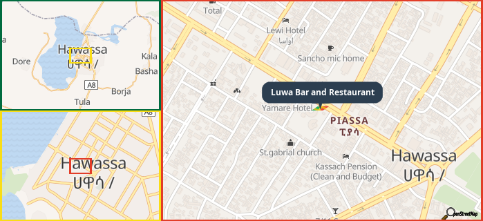Map showing the address of Luwa Bar and Restaurant in three different zoom levels.