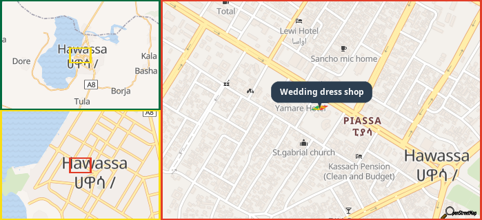 Map showing the address of Wedding dress shop in three different zoom levels.