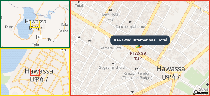 Map showing the address of Ker-Awud International Hotel in three different zoom levels.