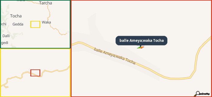 Map showing the address of balle Ameya;waka Tocha in three different zoom levels.